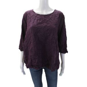 Shana Womens Textured Round Neck 3/4 Sleeve Pullover Blouse Top Purple Size L